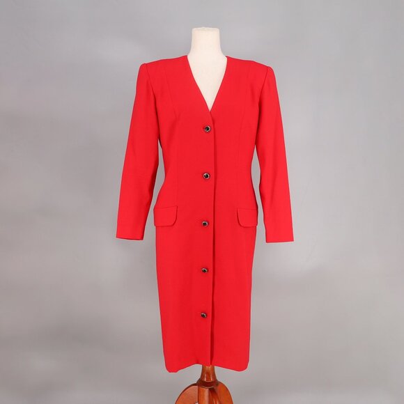 VINTAGE CHRISTIAN DIOR "Robes du Soir" Button Front Tailored Dress Bright Red - Picture 1 of 8